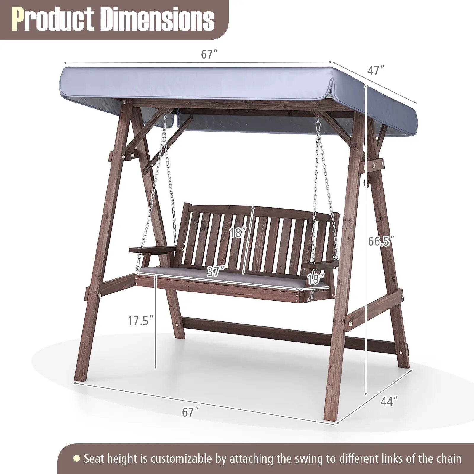 2-Person Porch Swing with Fir Wood Stand and Tilt Canopy-Brown by DirectDeals
