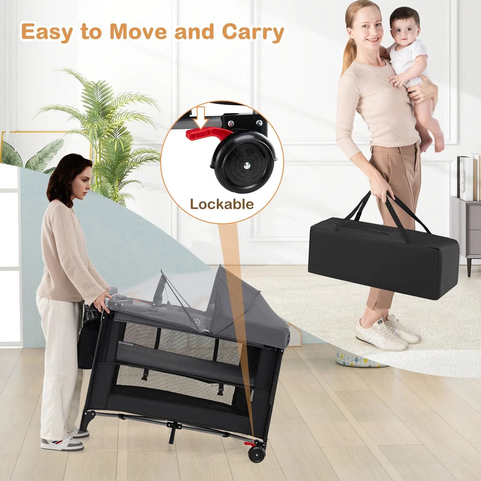 Foldable Baby Bassinet with 4 Adjustable Heights Changing Table and Mattress by DirectDeals