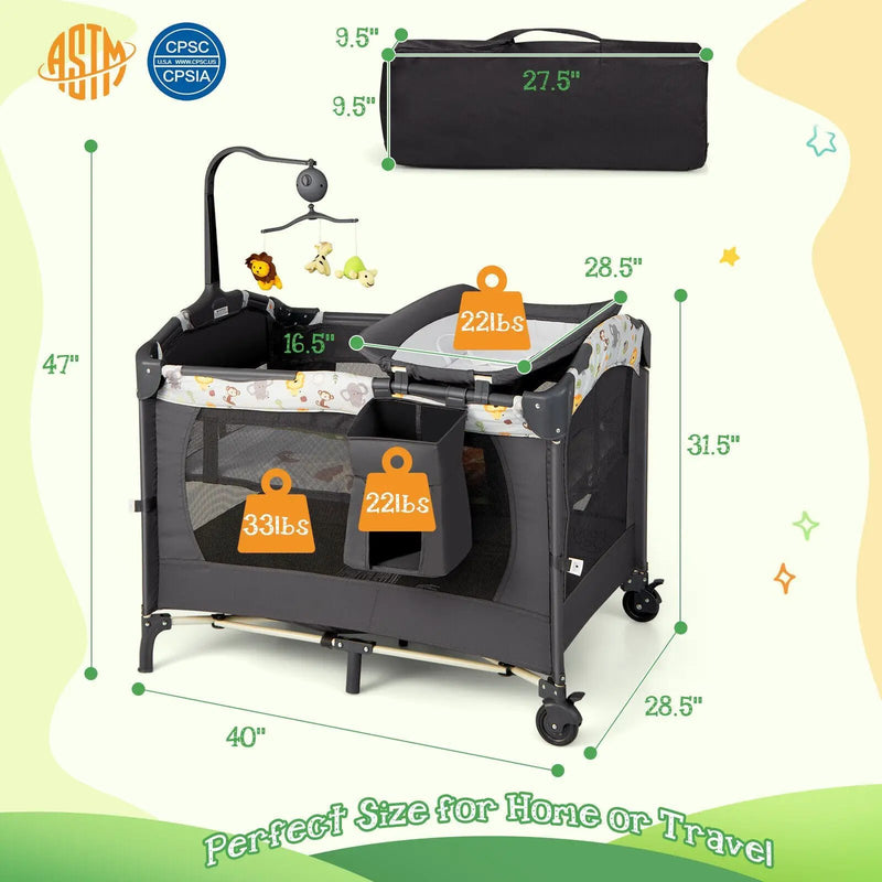 3-in-1 Convertible Portable Baby Playard with Music Box and Wheel and Brakes by DirectDeals