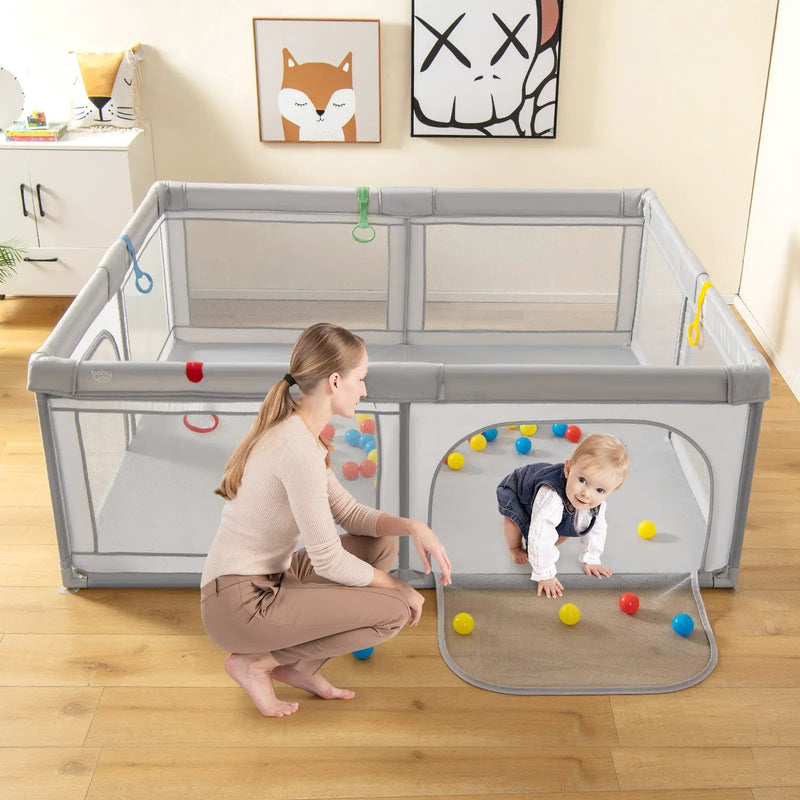 Portable Baby Playpen Large Play Yard with 50 Ocean Balls and 4 Pull Rings-Gray by DirectDeals