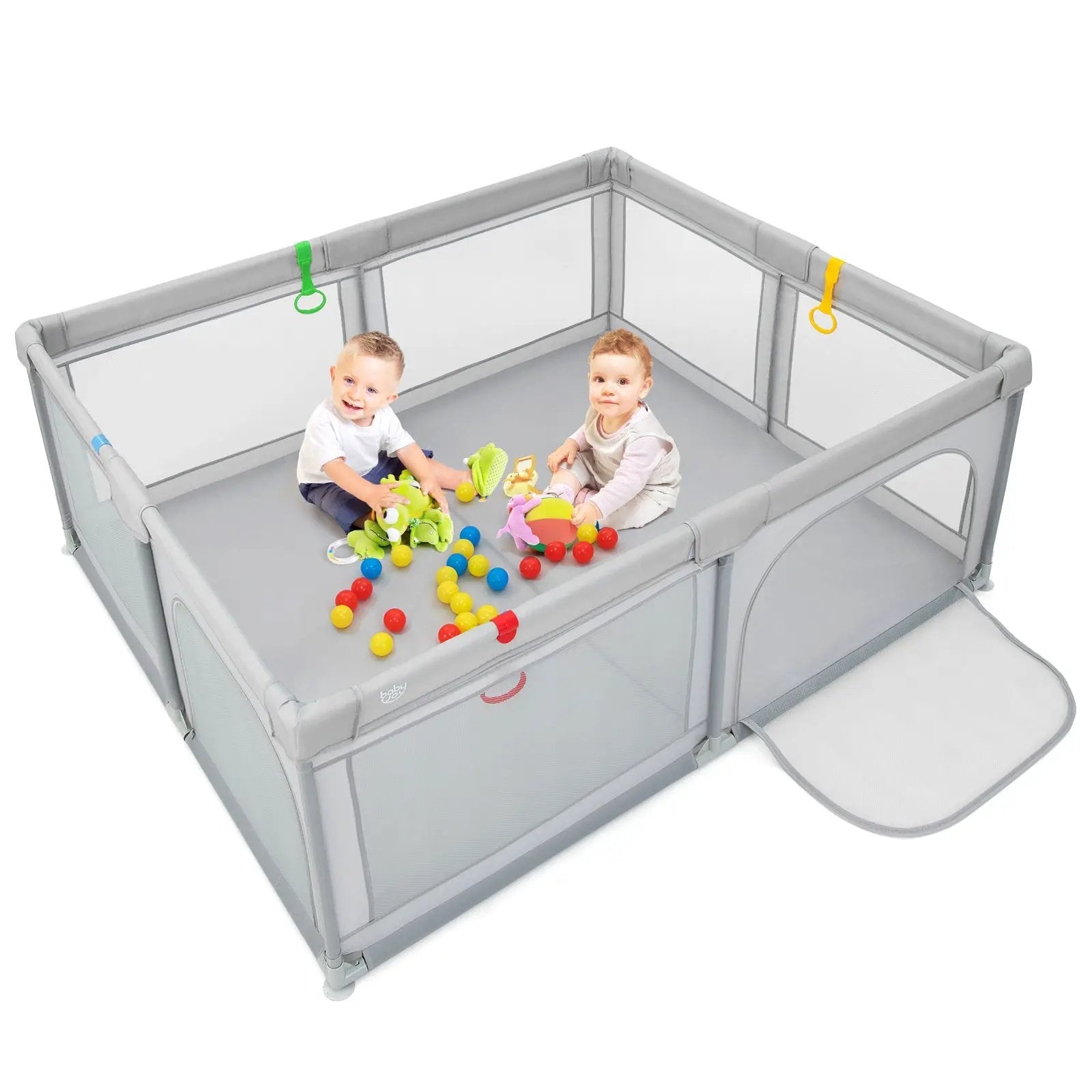 Portable Baby Playpen Large Play Yard with 50 Ocean Balls and 4 Pull Rings-Gray by DirectDeals