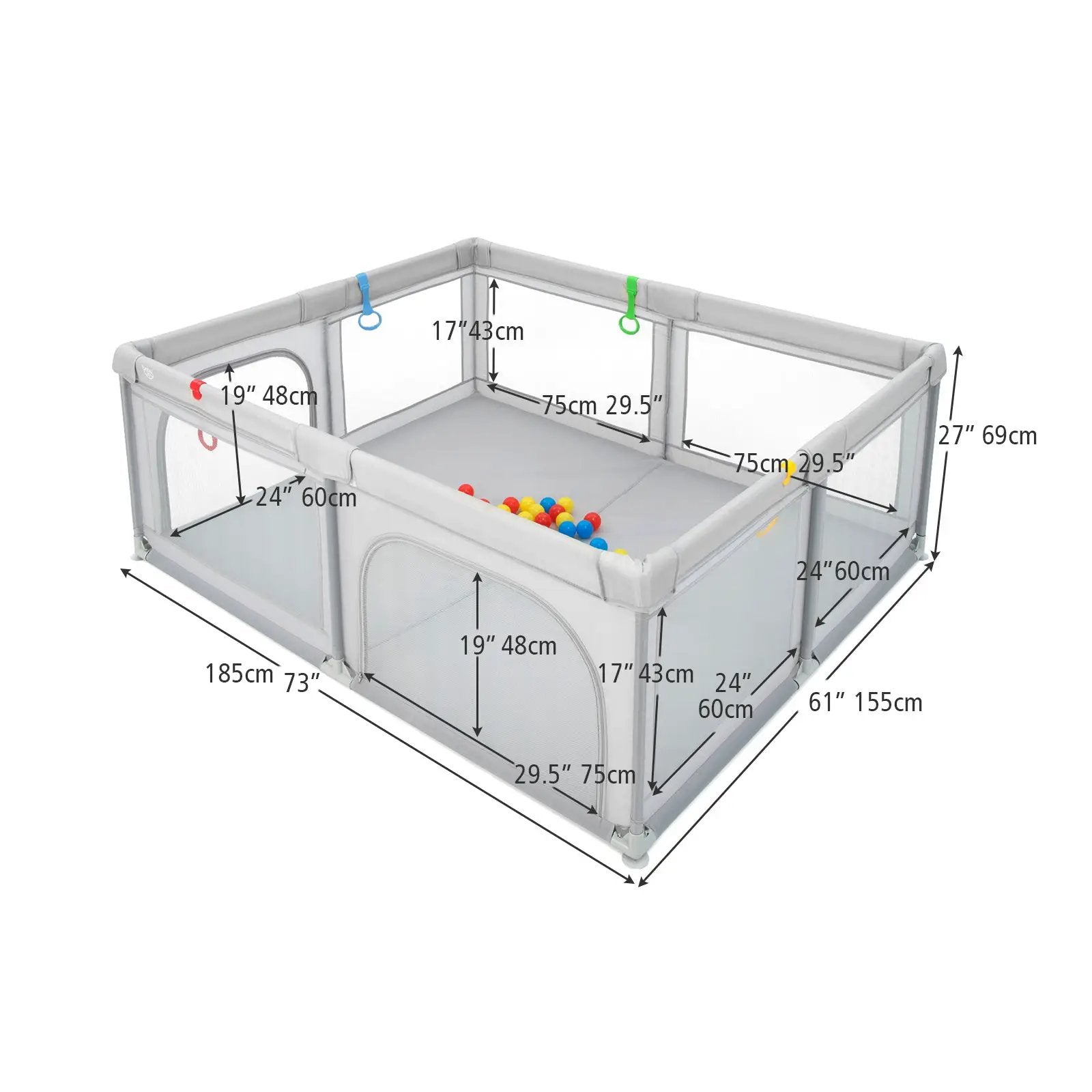 Portable Baby Playpen Large Play Yard with 50 Ocean Balls and 4 Pull Rings-Gray by DirectDeals