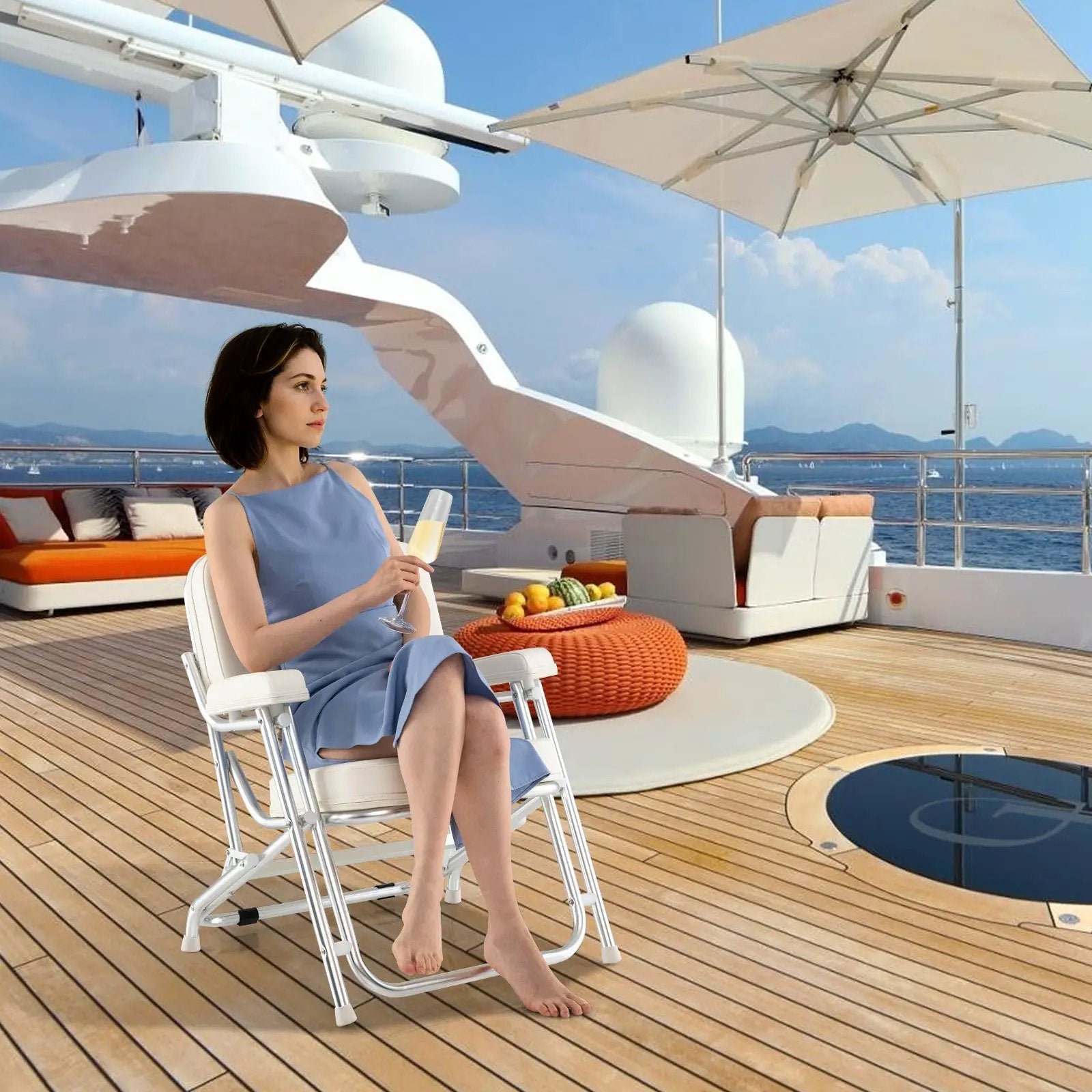 Portable Aluminum Boat Deck Beach Chair with Cushioned Seat-White by DirectDeals