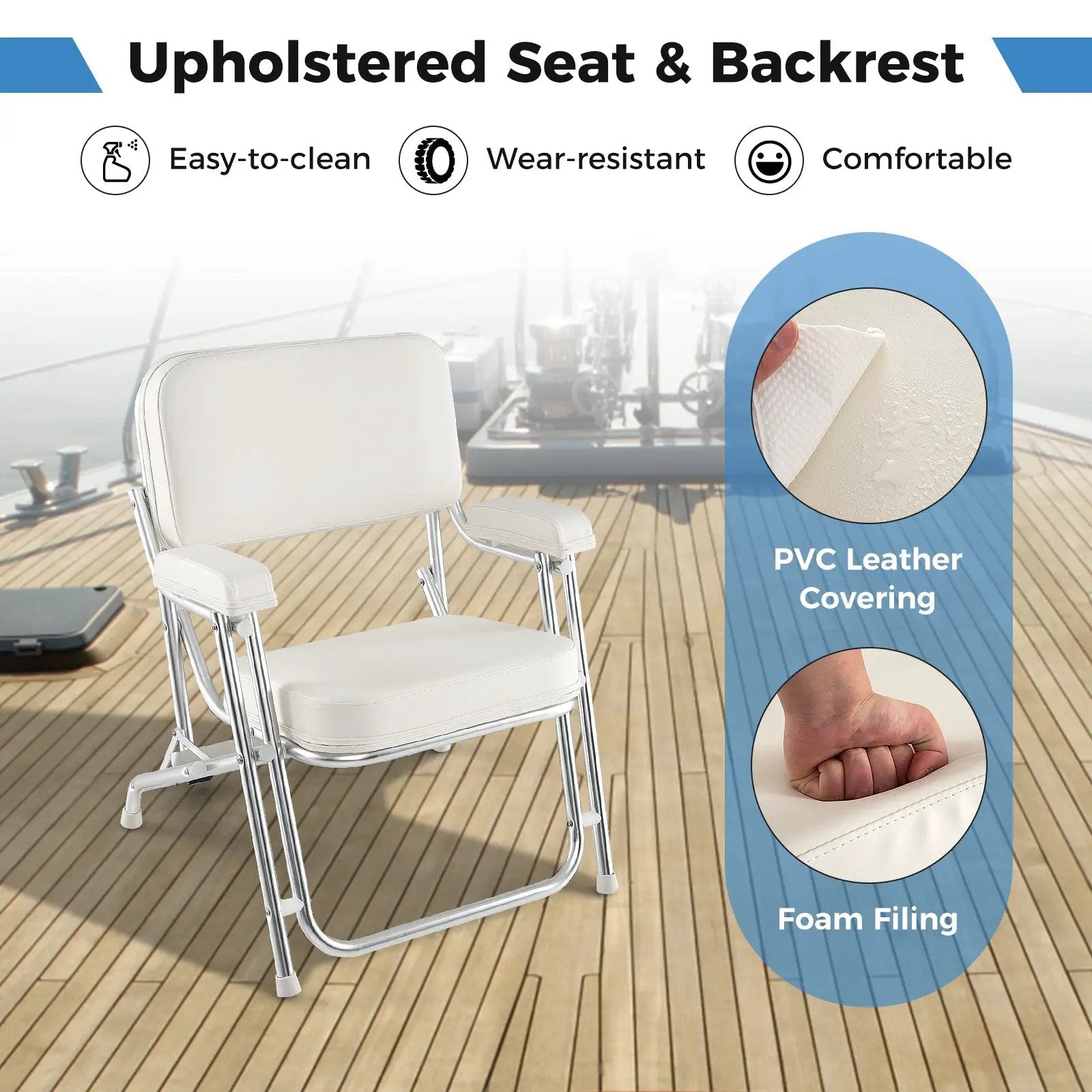Portable Aluminum Boat Deck Beach Chair with Cushioned Seat-White by DirectDeals