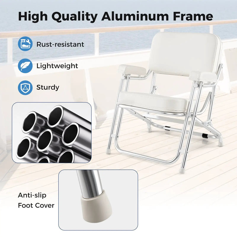 Portable Aluminum Boat Deck Beach Chair with Cushioned Seat-White by DirectDeals