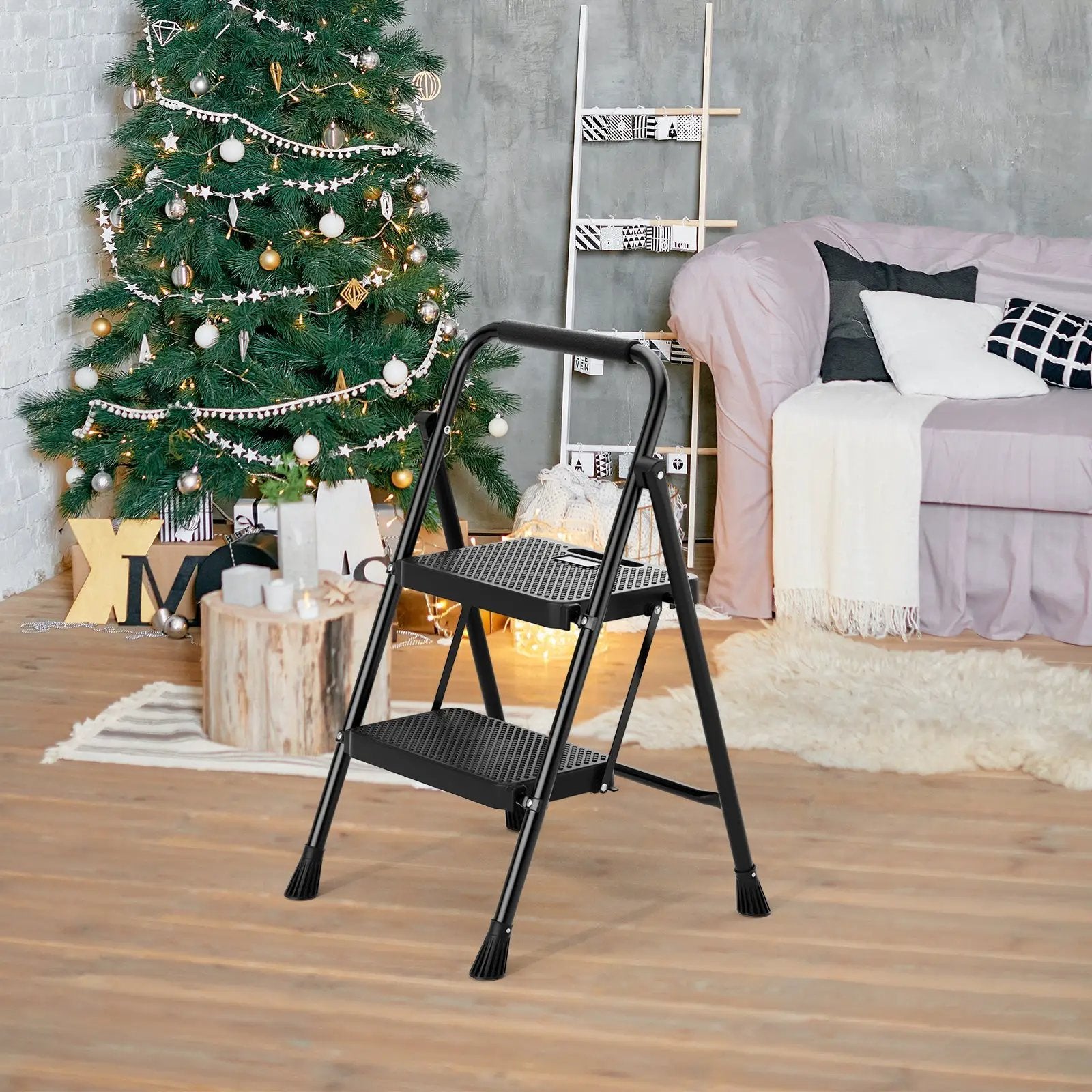 Portable Folding 2 Step Ladder with Wide Anti-Slip Pedal-Black by DirectDeals