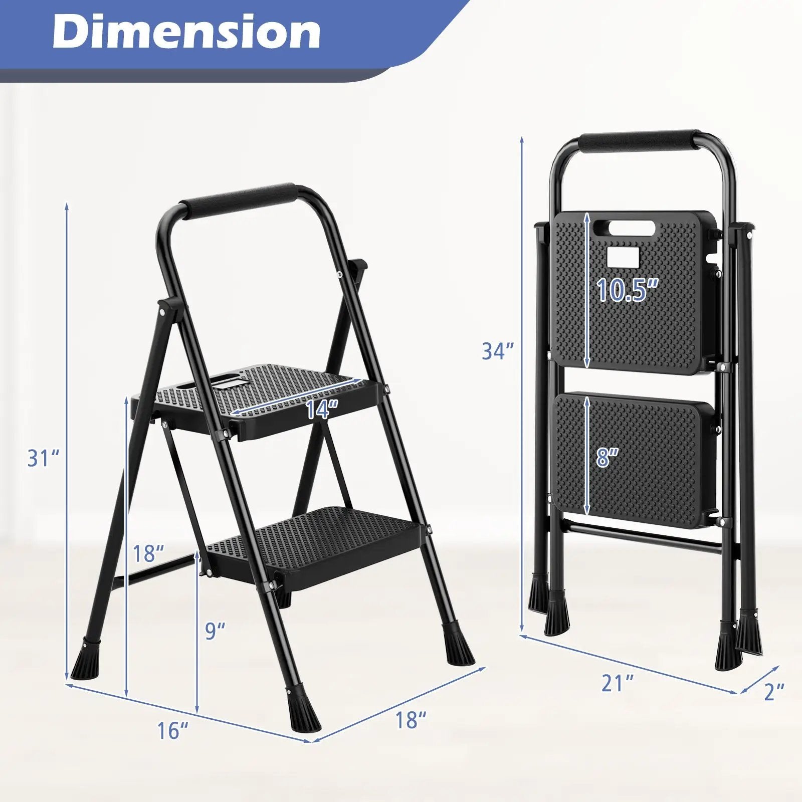 Portable Folding 2 Step Ladder with Wide Anti-Slip Pedal-Black by DirectDeals