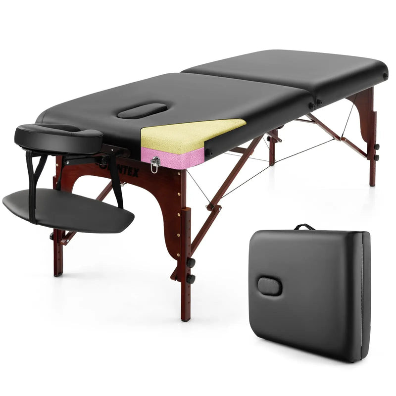 Folding Massage Table with Height-adjustable Beech Wood Frame-Black by DirectDeals