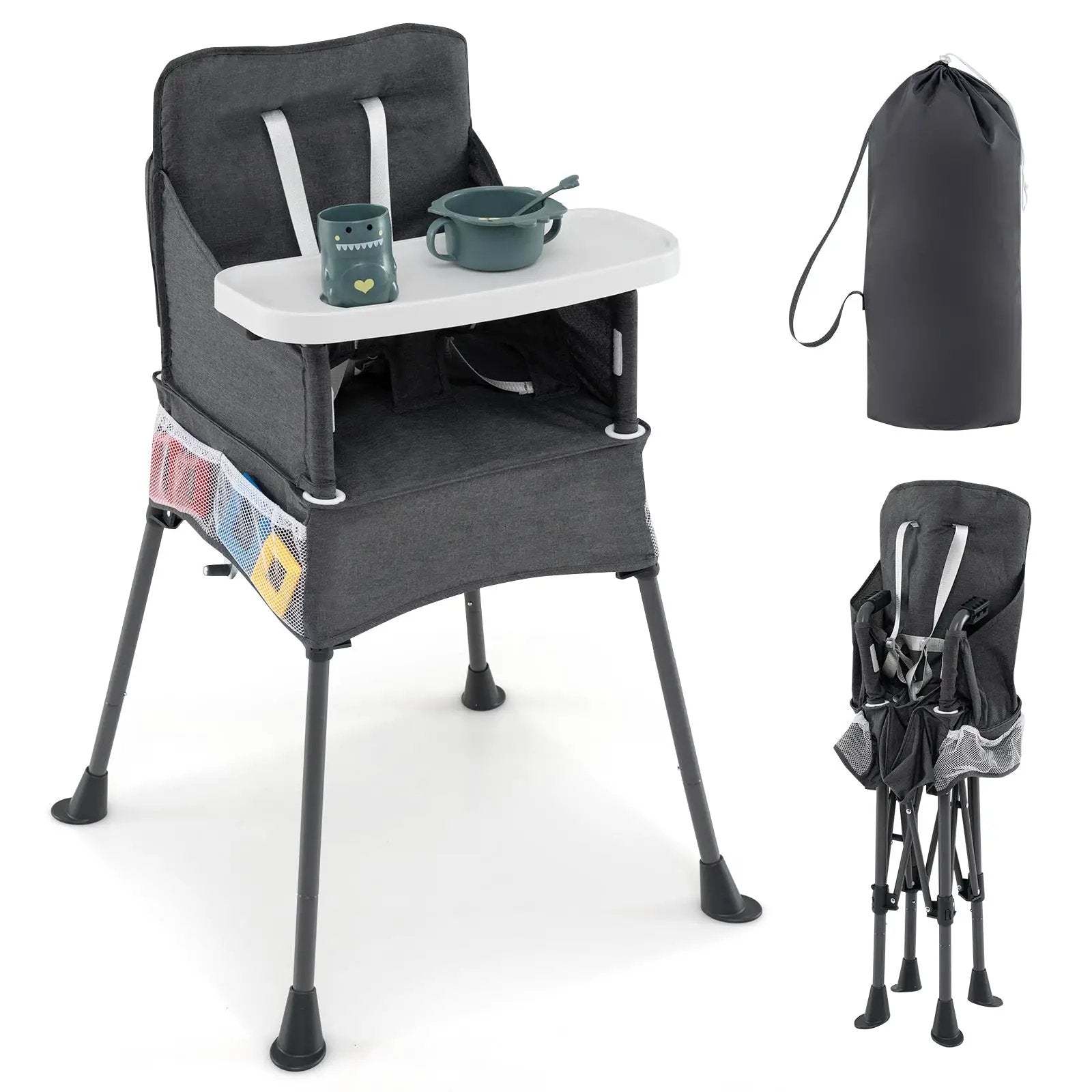 Portable High Chair for Travel Foldable with Adjustable Tray and Mesh Pockets-Gray by DirectDeals