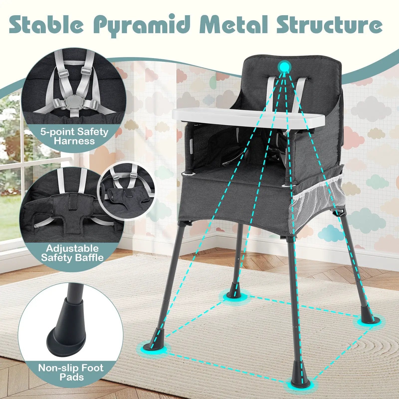 Portable High Chair for Travel Foldable with Adjustable Tray and Mesh Pockets-Gray by DirectDeals