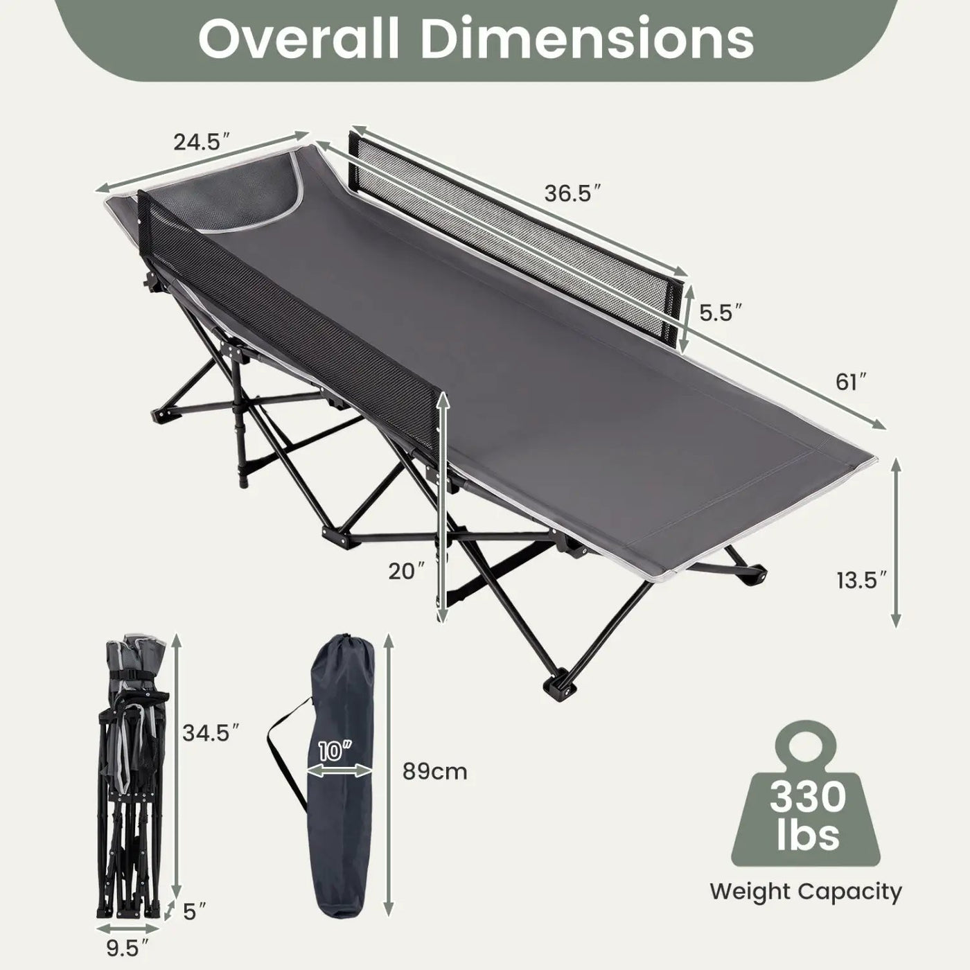 Portable Folding Camping Cot with Guardrail - 330 lbs Capacity by DirectDeals
