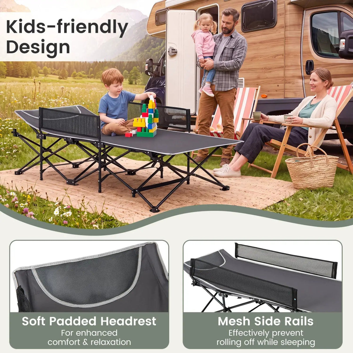 Portable Folding Camping Cot with Guardrail - 330 lbs Capacity by DirectDeals