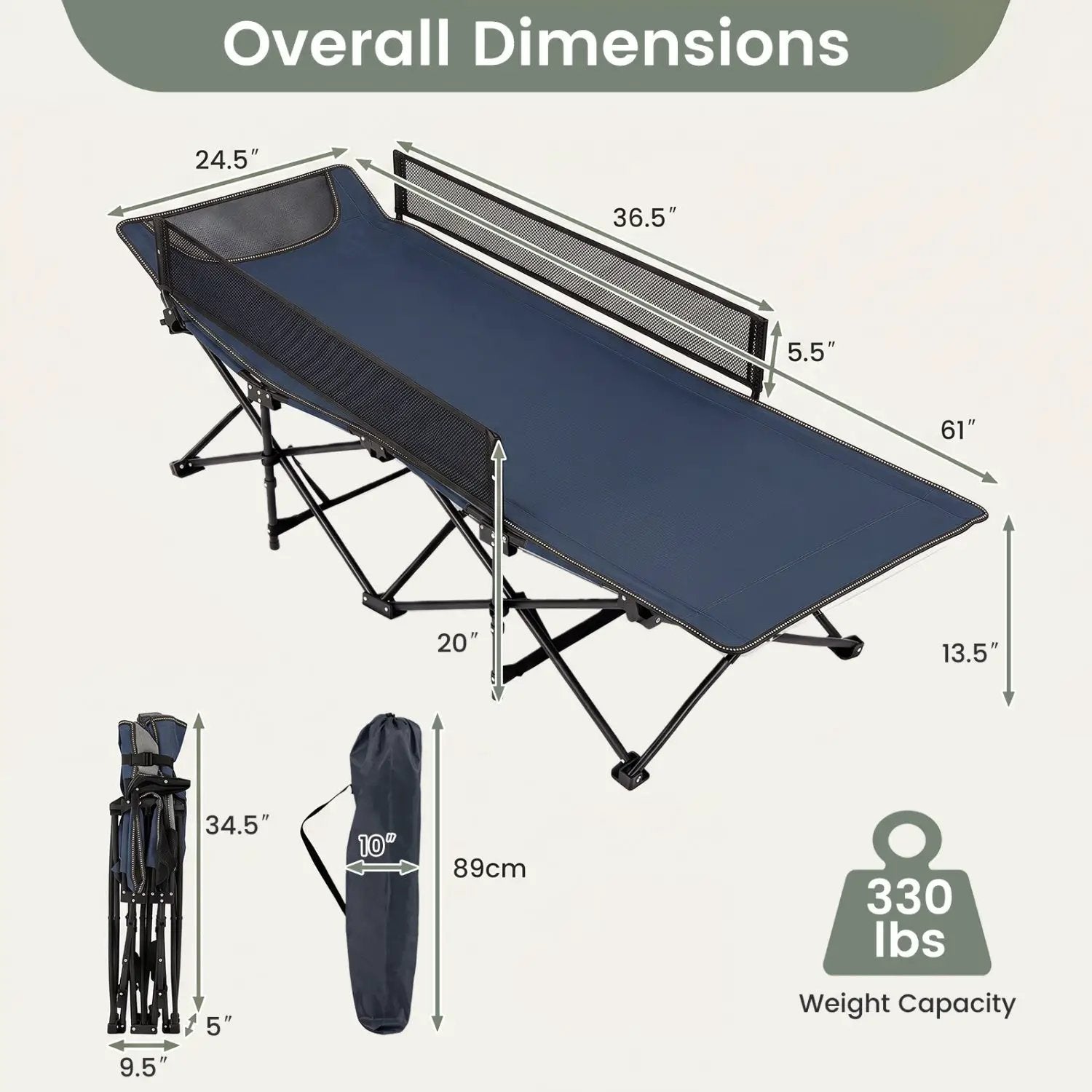 Portable Folding Camping Cot with Guardrail - 330 lbs Capacity by DirectDeals