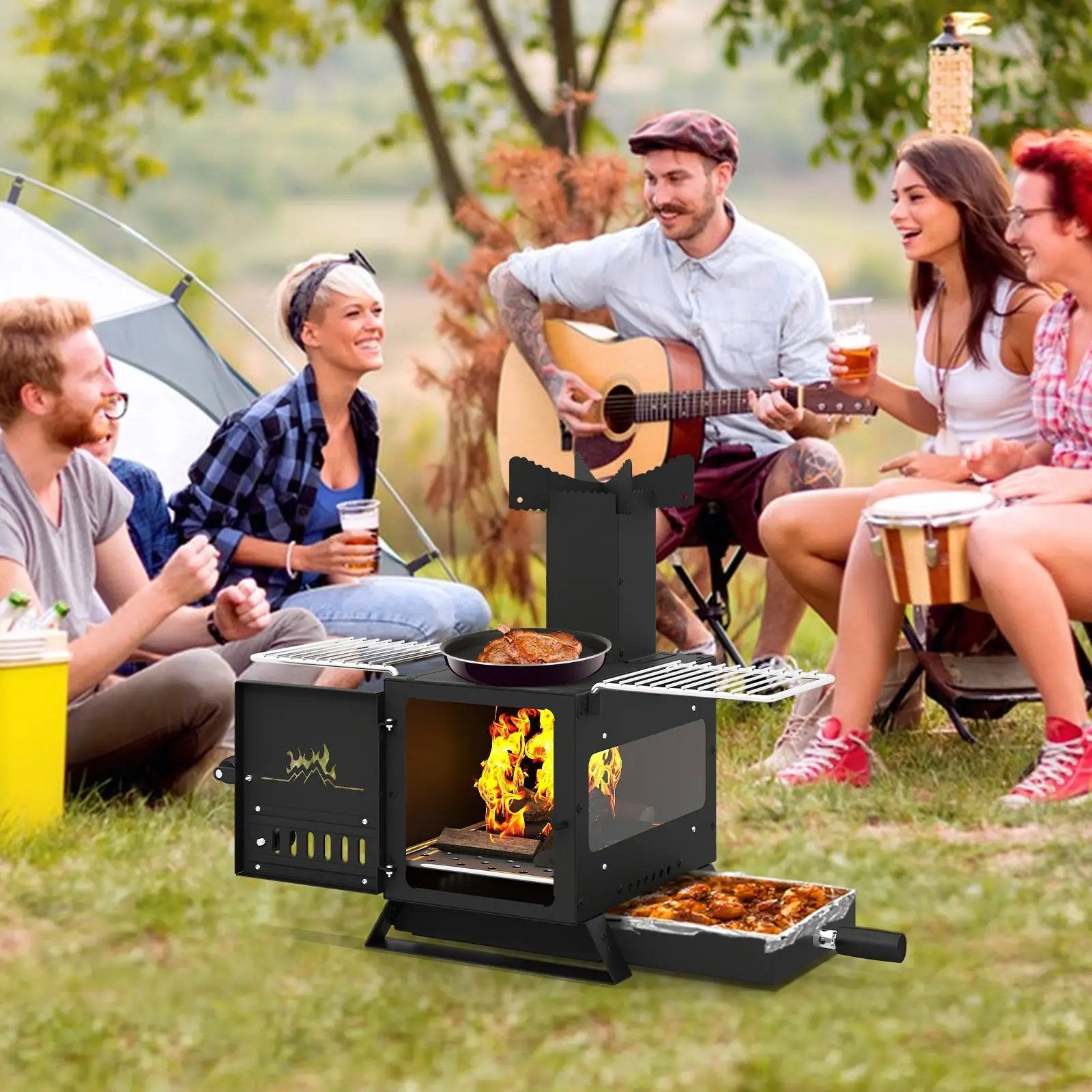 Portable Wood Burning Stove Mini Heater Burner with Pot Rack Oven Pan-Black by DirectDeals