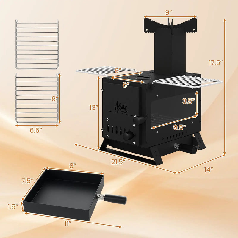 Portable Wood Burning Stove Mini Heater Burner with Pot Rack Oven Pan-Black by DirectDeals