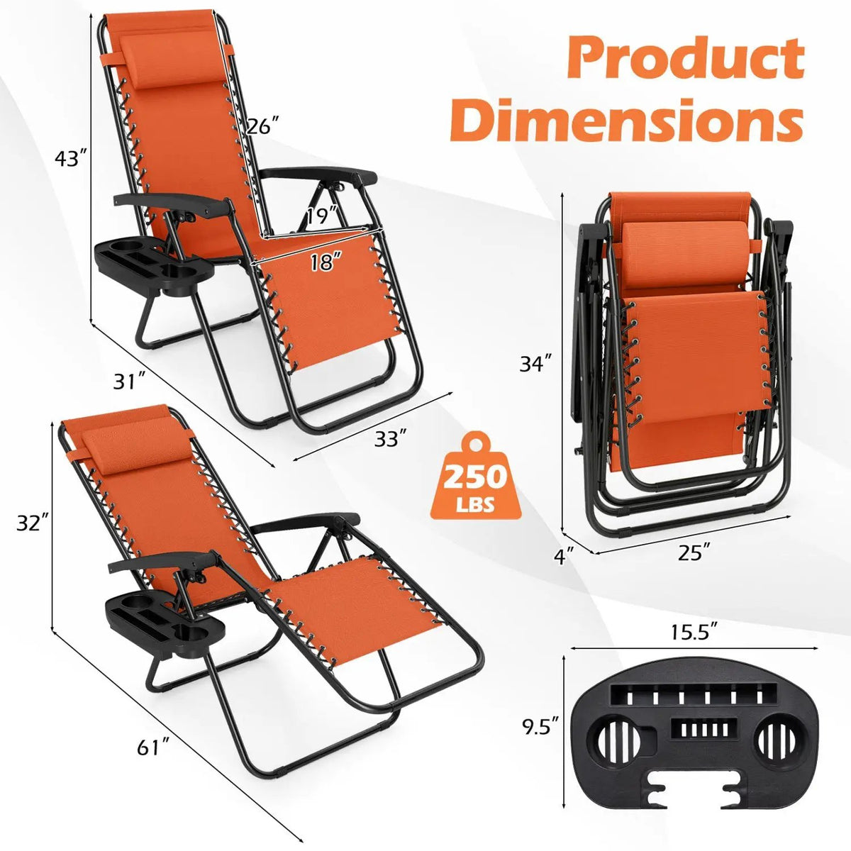 Zero Gravity Lounge Chairs Set of 2 with Cup Holders, photo 29 of 32