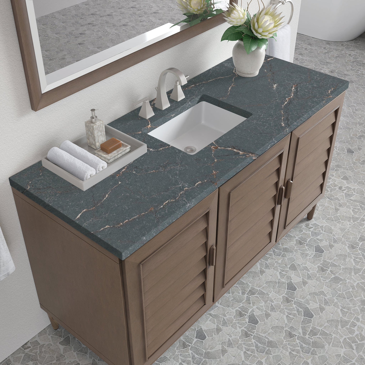 James Martin Portland 60" Single Bathroom Vanity, Whitewashed Walnut with Parisien Bleu countertop