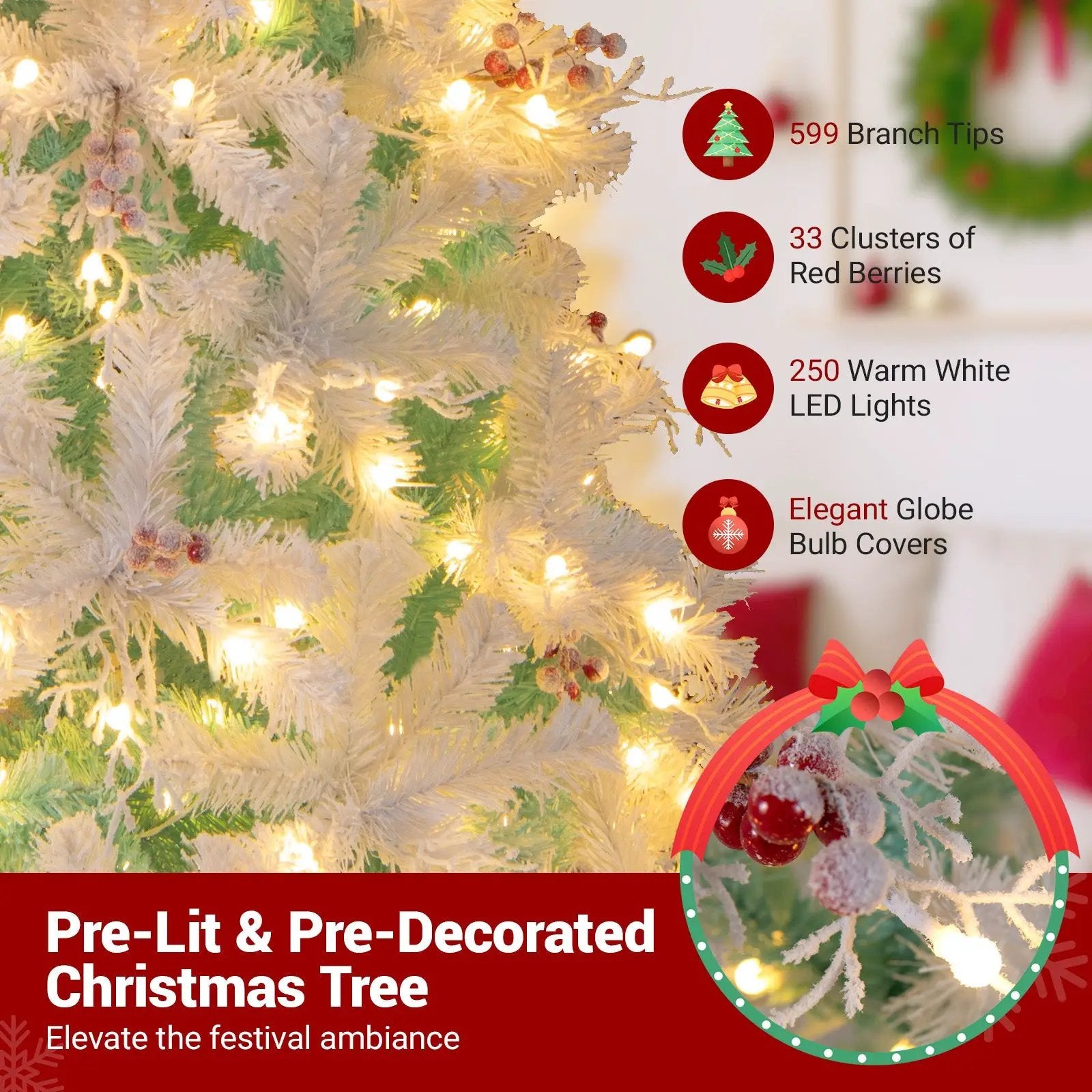 Pre-Lit Artificial Christmas Tree with Snow Flocked Branch Tips by DirectDeals