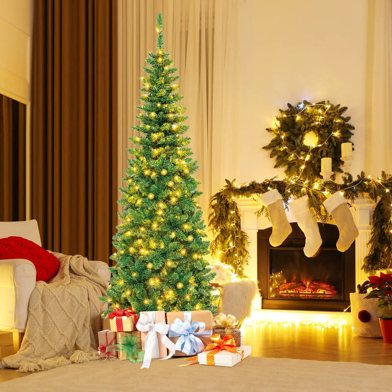 4.5 ft Pre-Lit Premium Hinged Artificial Fir Pencil Christmas Tree with LED Lights by DirectDeals