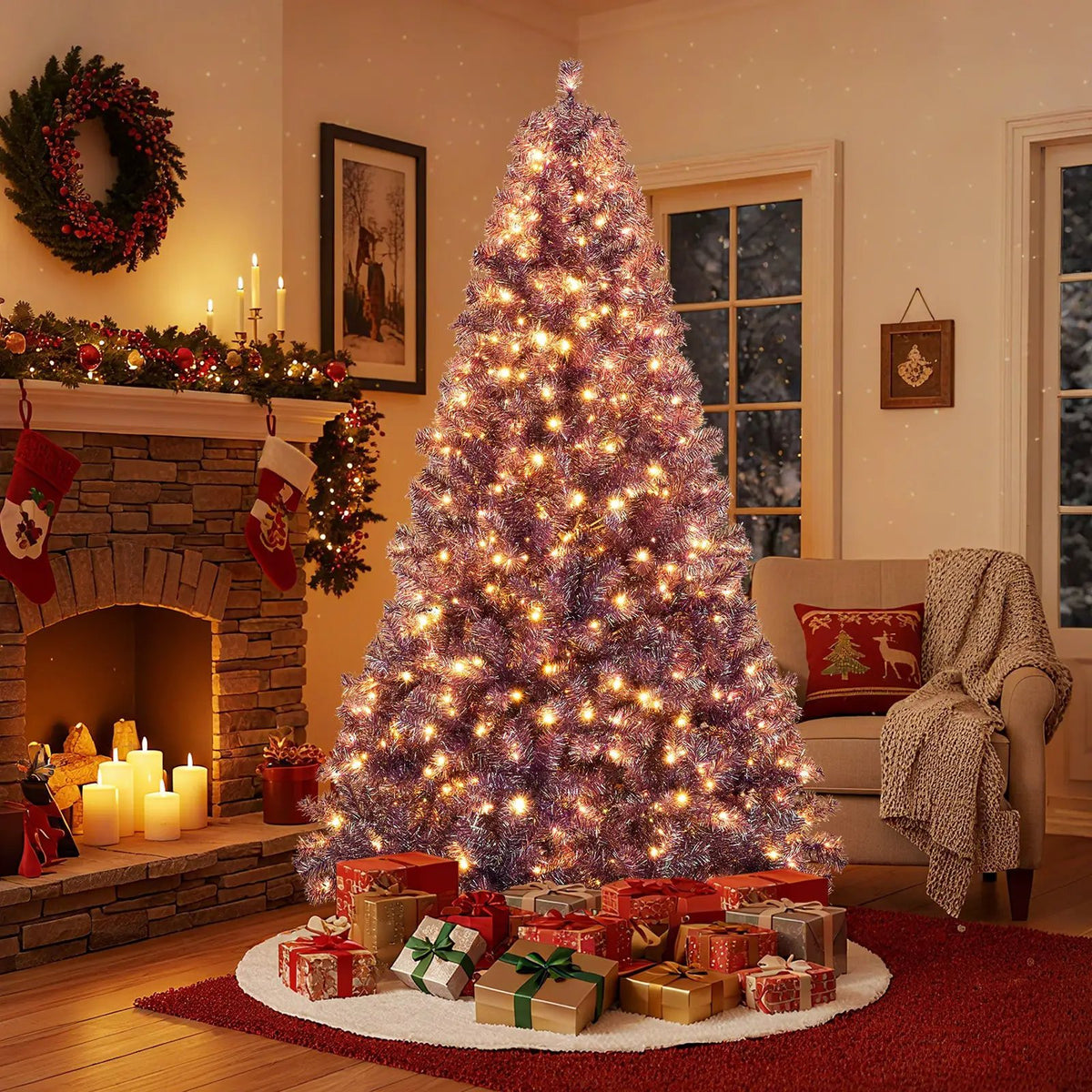 Pre-Lit Tinsel Christmas Tree Artificial Xmas Tree with Lush Branch Tips and Warm White LED Lights, photo 14 of 16