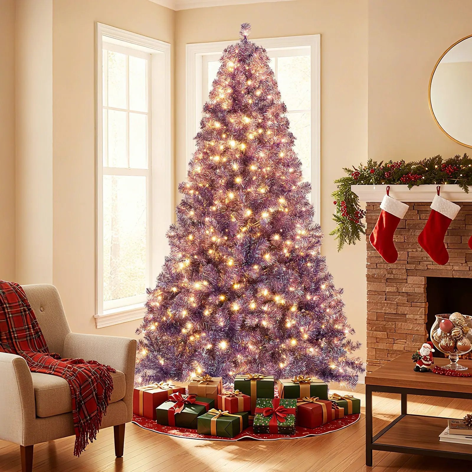 Pre-Lit Tinsel Christmas Tree Artificial Xmas Tree with Lush Branch Tips and Warm White LED Lights by DirectDeals
