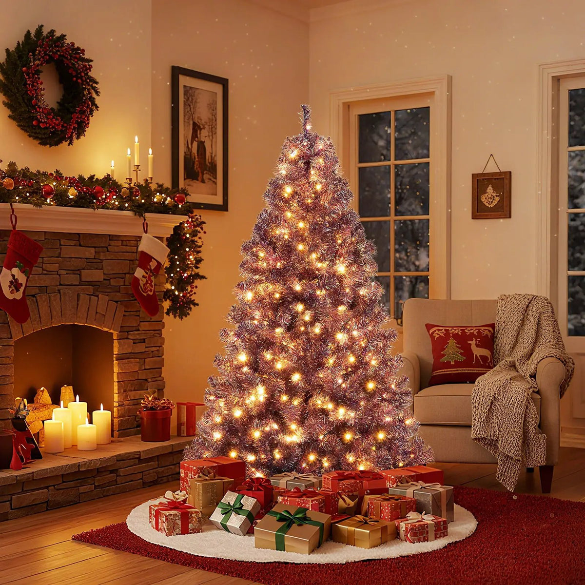 Pre-Lit Tinsel Christmas Tree Artificial Xmas Tree with Lush Branch Tips and Warm White LED Lights, photo 13 of 16