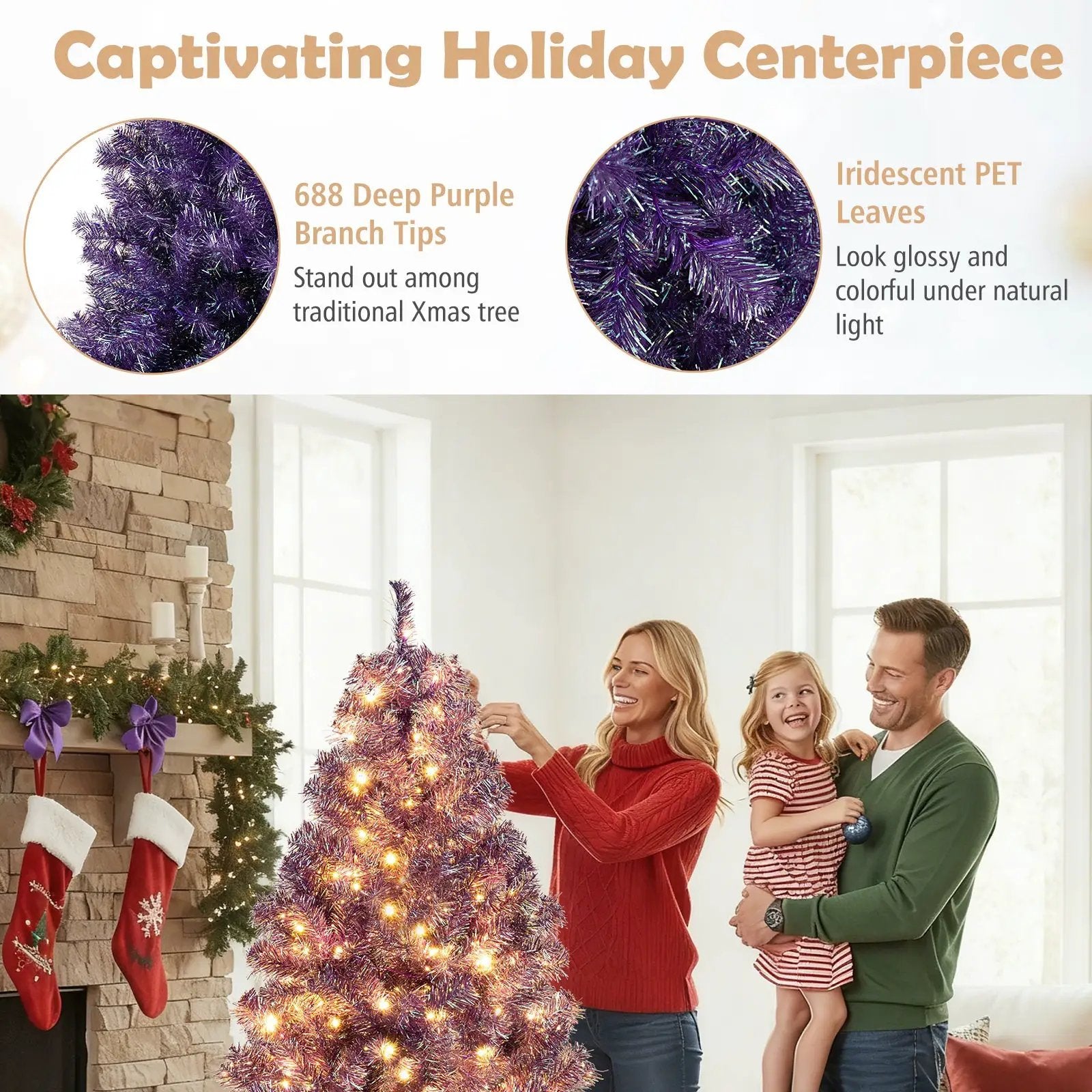 Pre-Lit Tinsel Christmas Tree Artificial Xmas Tree with Lush Branch Tips and Warm White LED Lights by DirectDeals