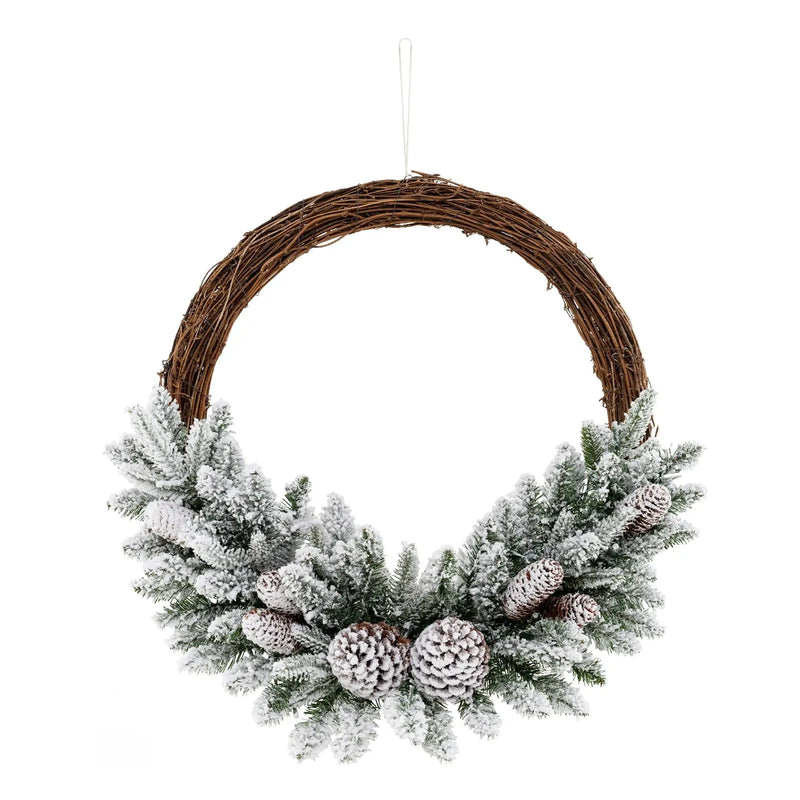 Pre-lit Snow Flocked Artificial Christmas Wreath with 8 Pine Cones and 35 LED Lights by DirectDeals