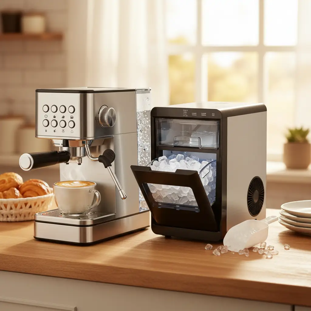 Premium Ice and Coffee Duo CNN-Acclaimed Nugget Ice Maker and 20-Bar Stainless Espresso Machine by DirectDeals