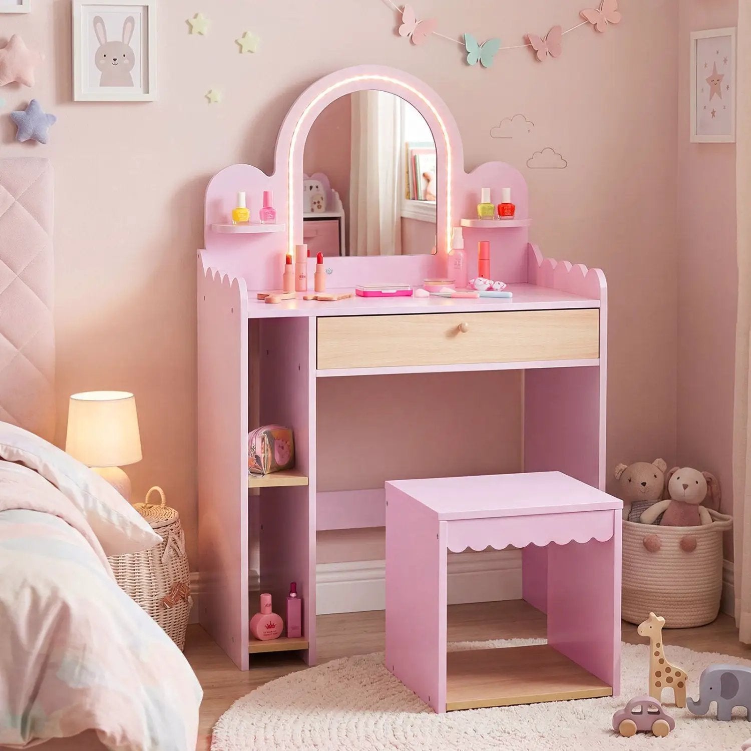 Kids Vanity Table Set with LED Mirror and Stool - Pink by DirectDeals