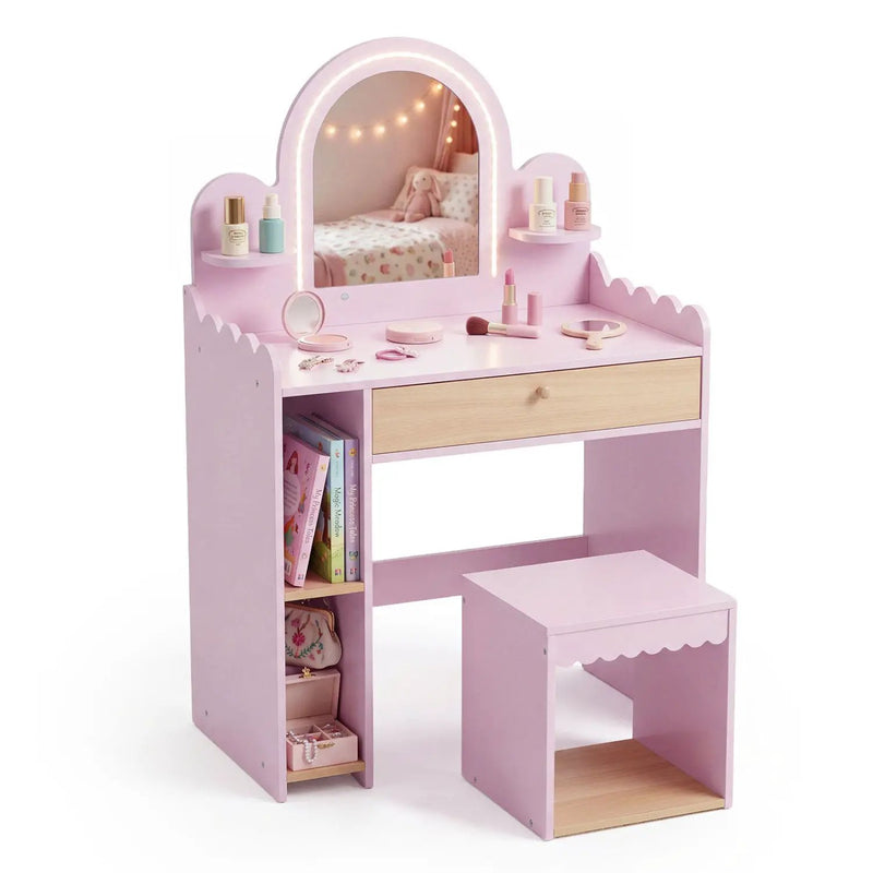 Kids Vanity Table Set with LED Mirror and Stool - Pink by DirectDeals