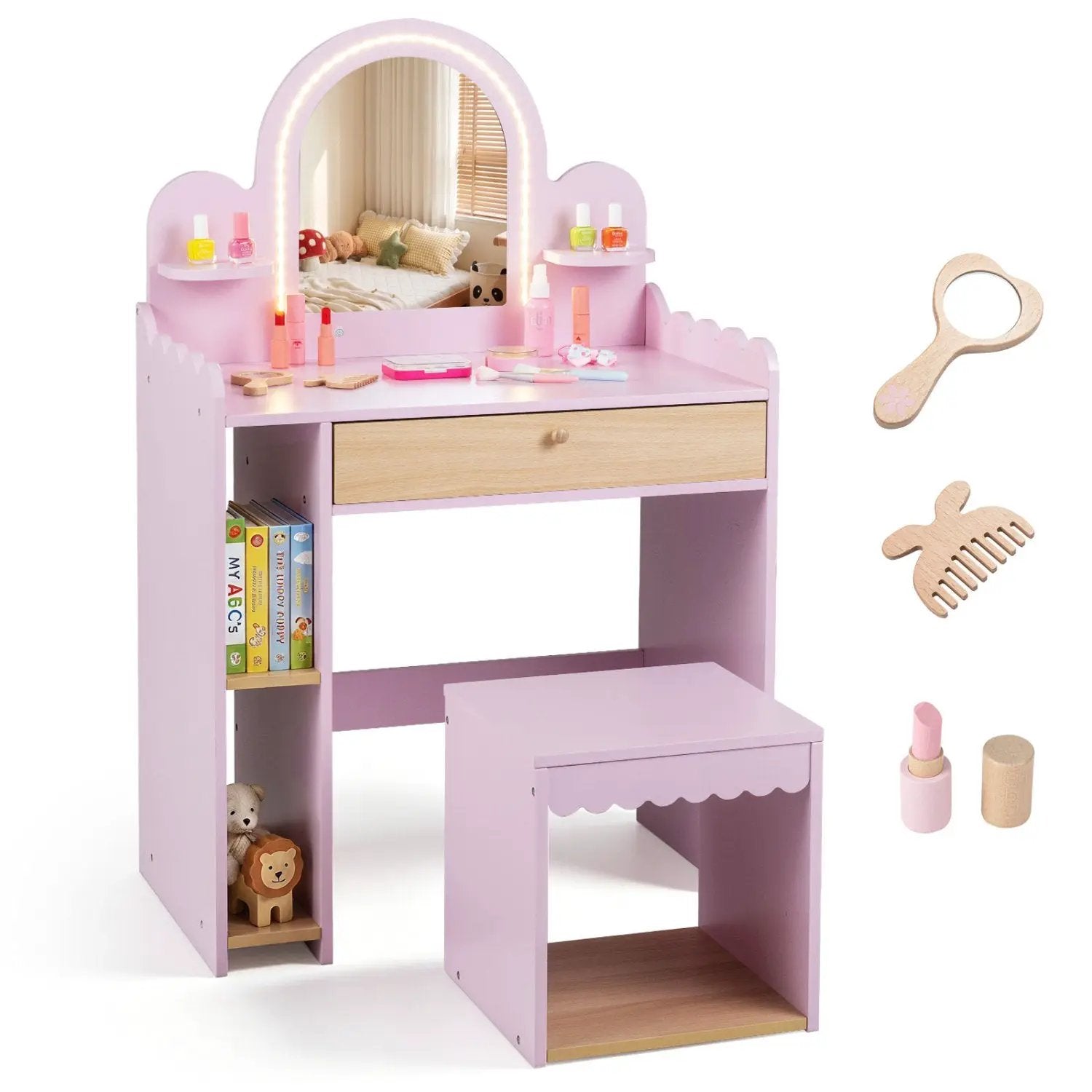 Kids Vanity Table Set with LED Mirror and Stool - Pink by DirectDeals