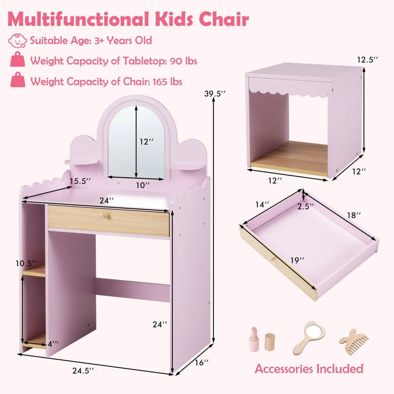 Kids Vanity Table Set with LED Mirror and Stool - Pink by DirectDeals