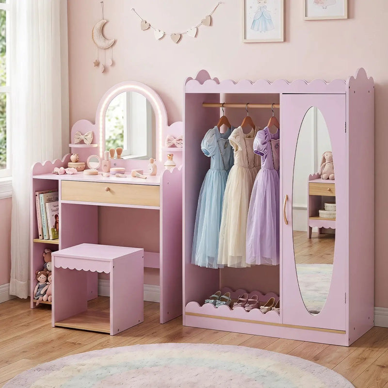 Kids Vanity Table Set with LED Mirror and Stool - Pink by DirectDeals