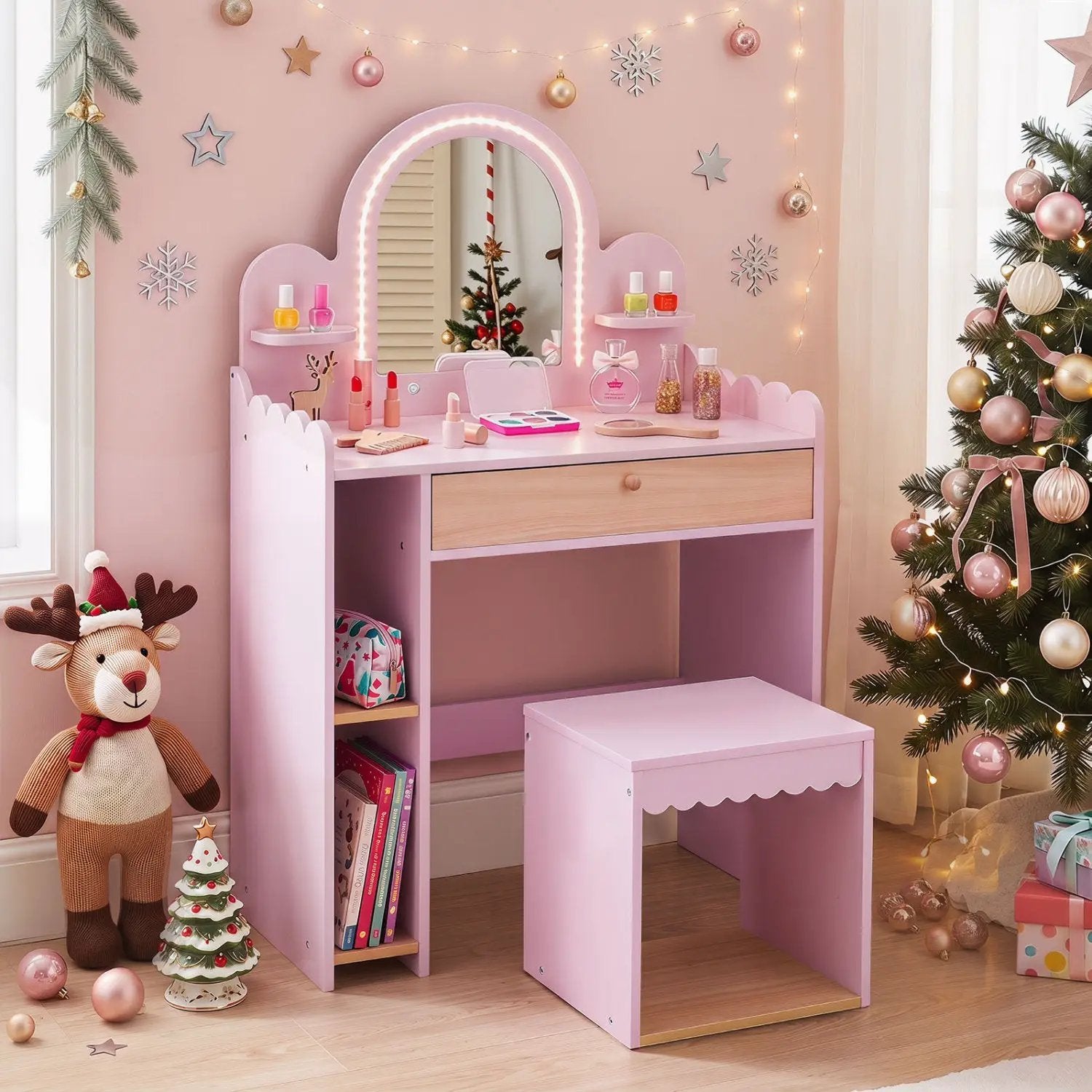 Kids Vanity Table Set with LED Mirror and Stool - Pink by DirectDeals