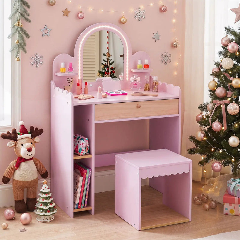 Kids Vanity Table Set with LED Mirror and Stool - Pink by DirectDeals
