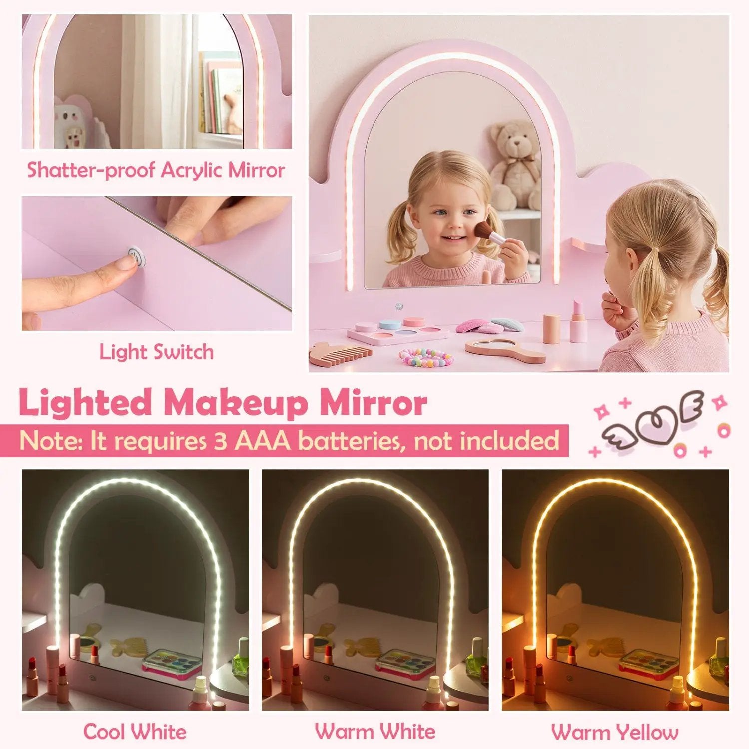Kids Vanity Table Set with LED Mirror and Stool - Pink by DirectDeals