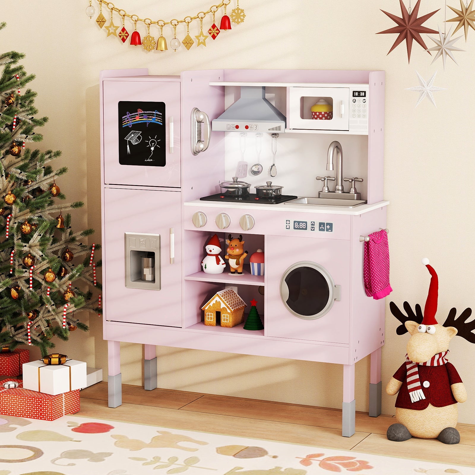 Pretend Play Kitchen Toy Kitchen Playset with Range Hood Ice Maker and Telephone by DirectDeals