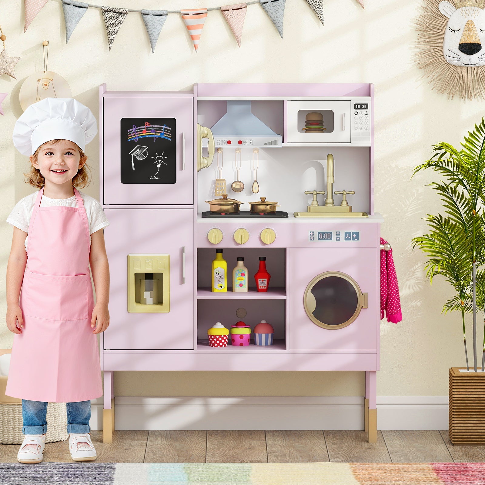 Pretend Play Kitchen Toy Kitchen Playset with Range Hood Ice Maker and Telephone by DirectDeals