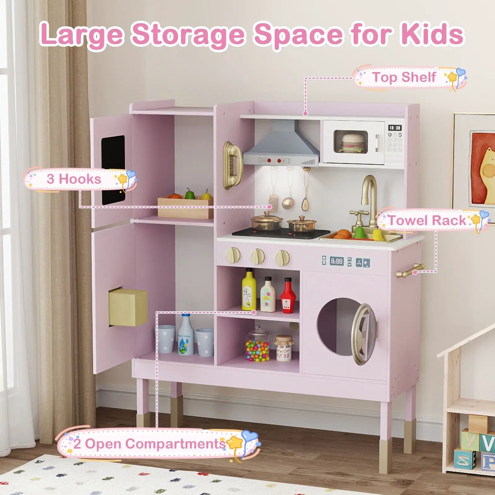 Pretend Play Kitchen Toy Kitchen Playset with Range Hood Ice Maker and Telephone by DirectDeals