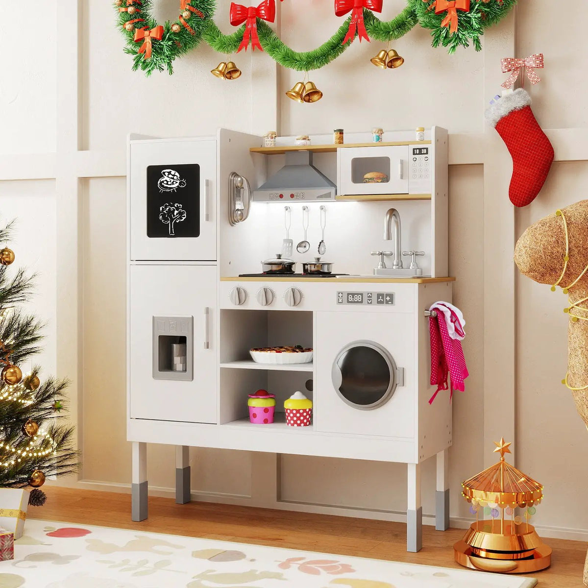 Pretend Play Kitchen Toy Kitchen Playset with Range Hood Ice Maker and Telephone, photo 4 of 24