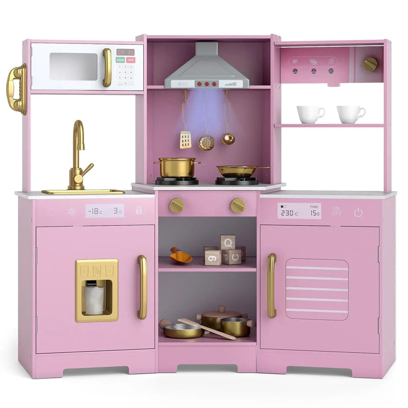 Pretend Play Kitchen Wooden Toy Set with Range Hood Real Sounds and Lights by DirectDeals