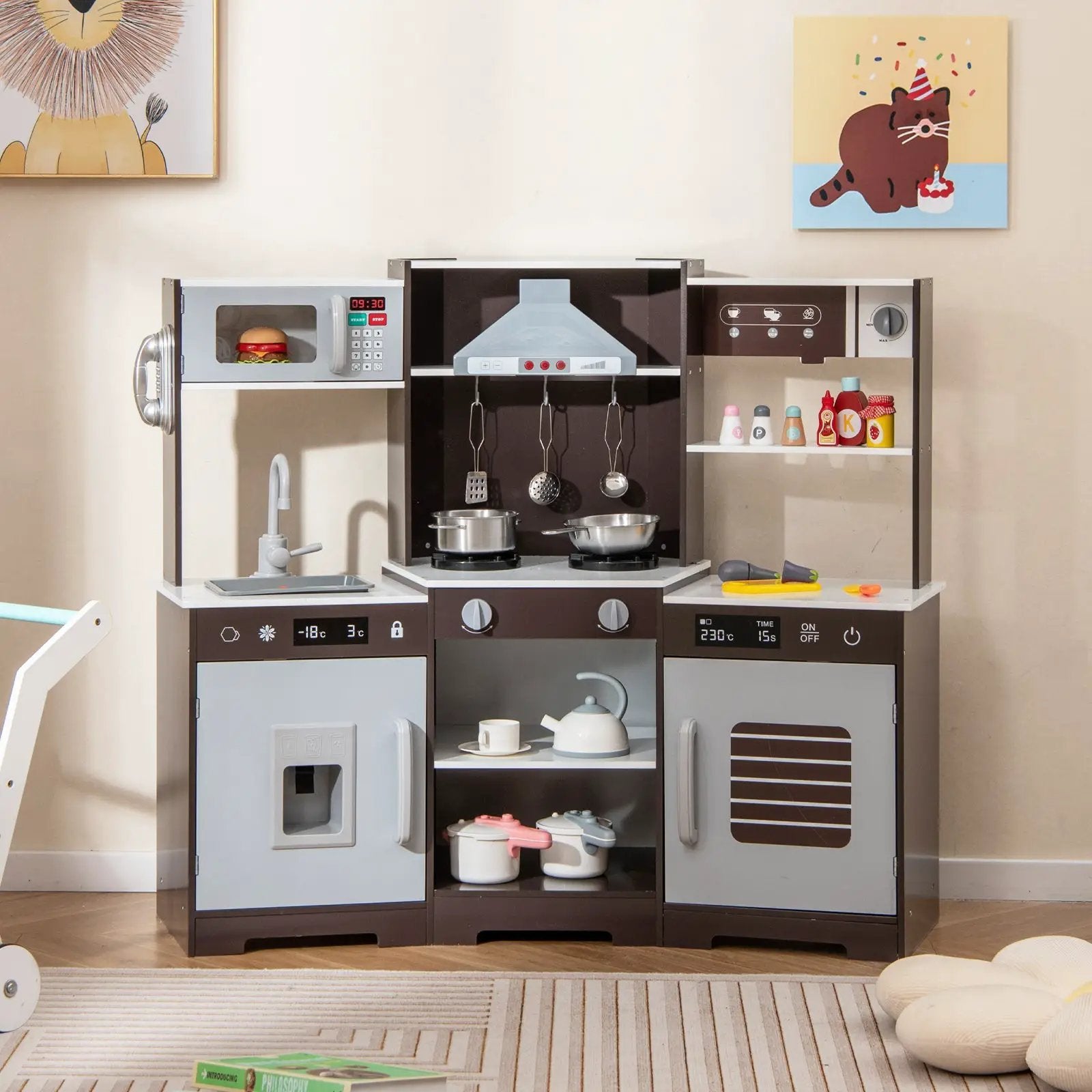 Pretend Play Kitchen Wooden Toy Set with Range Hood Real Sounds and Lights by DirectDeals