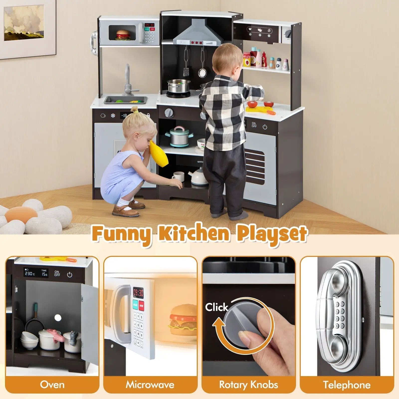 Pretend Play Kitchen Wooden Toy Set with Range Hood Real Sounds and Lights by DirectDeals