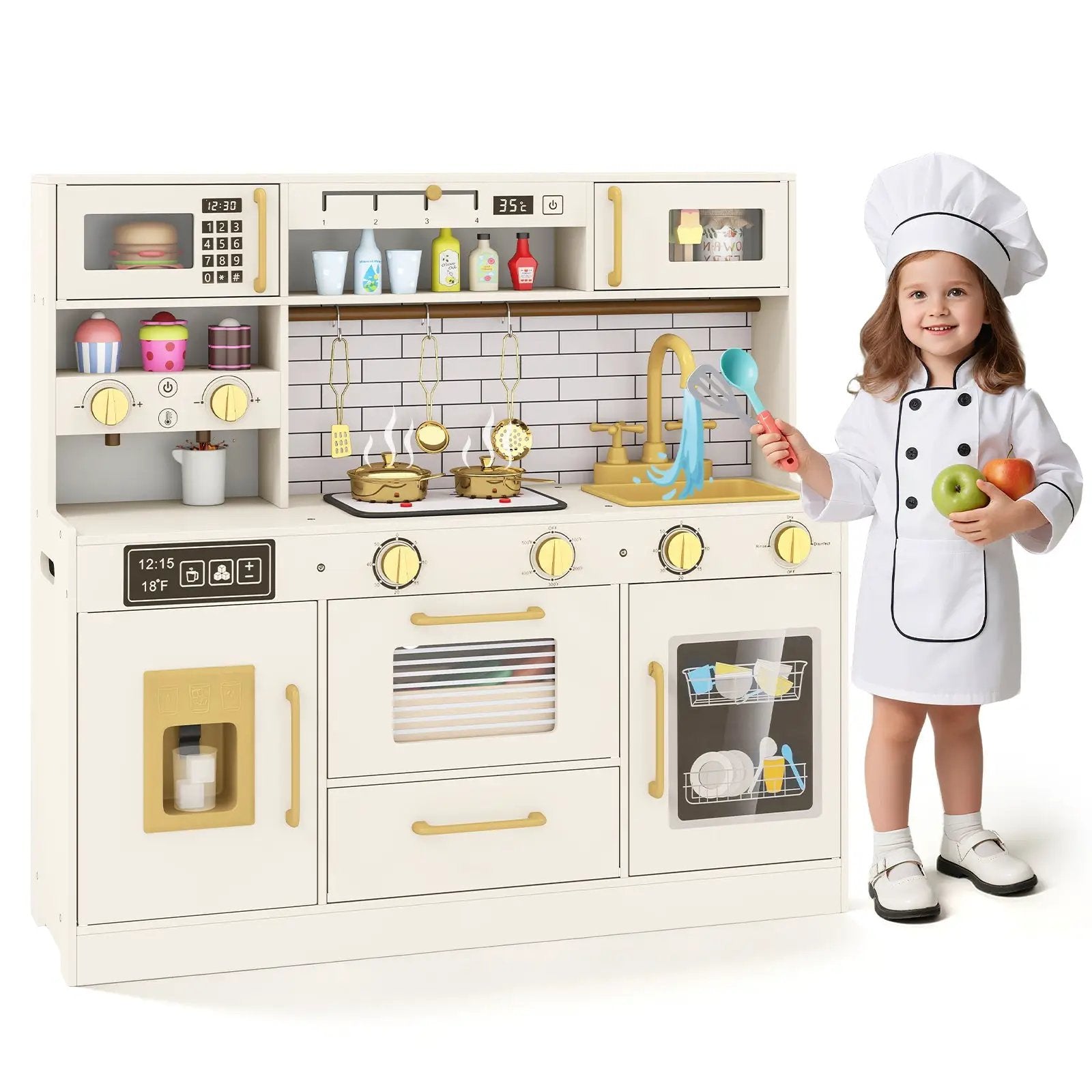 Pretend Toy Kitchen Set with Stoves and Water Dispenser-Beige by DirectDeals