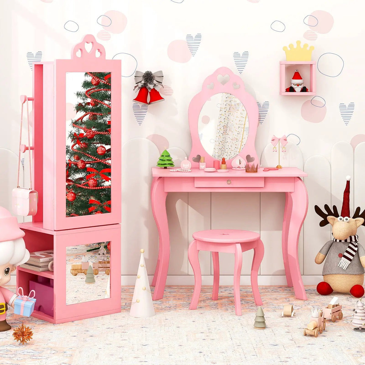 Princess Vanity Table and Stool Set Freestanding Jewelry Cabinet Armoire with Full-Length Mirror, photo 2 of 9