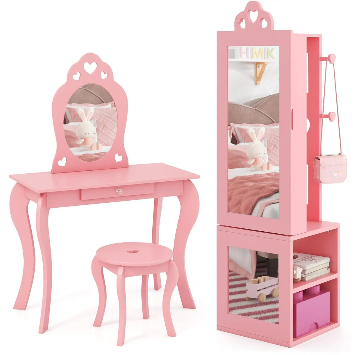 Princess Vanity Table and Stool Set Freestanding Jewelry Cabinet Armoire with Full-Length Mirror, photo 3 of 9