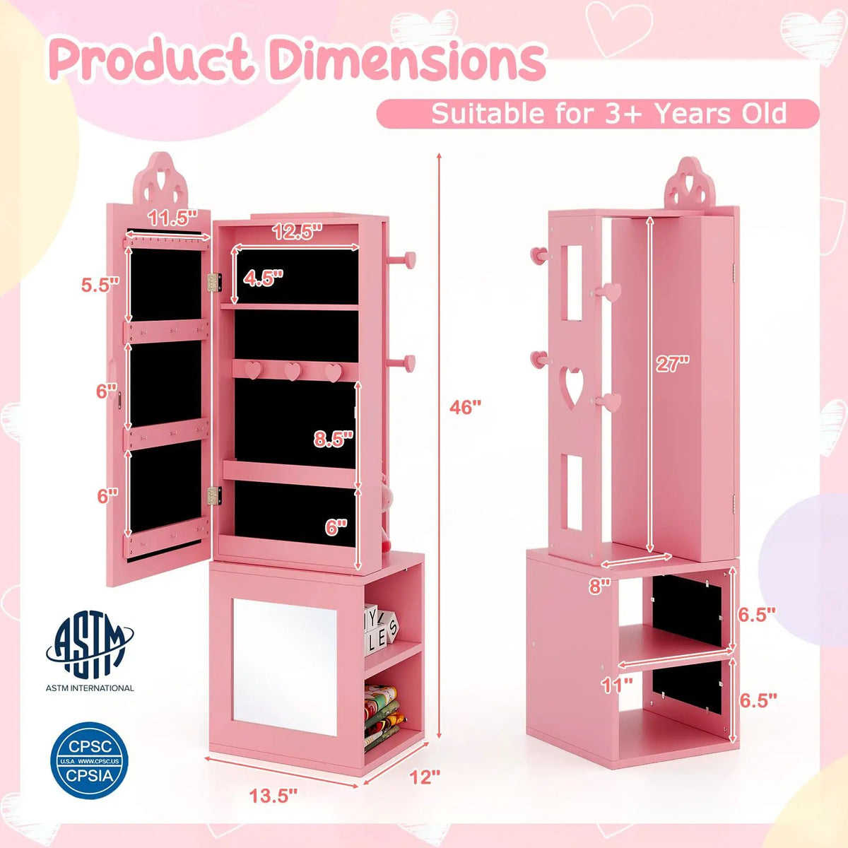 Princess Vanity Table and Stool Set Freestanding Jewelry Cabinet Armoire with Full-Length Mirror, photo 4 of 9
