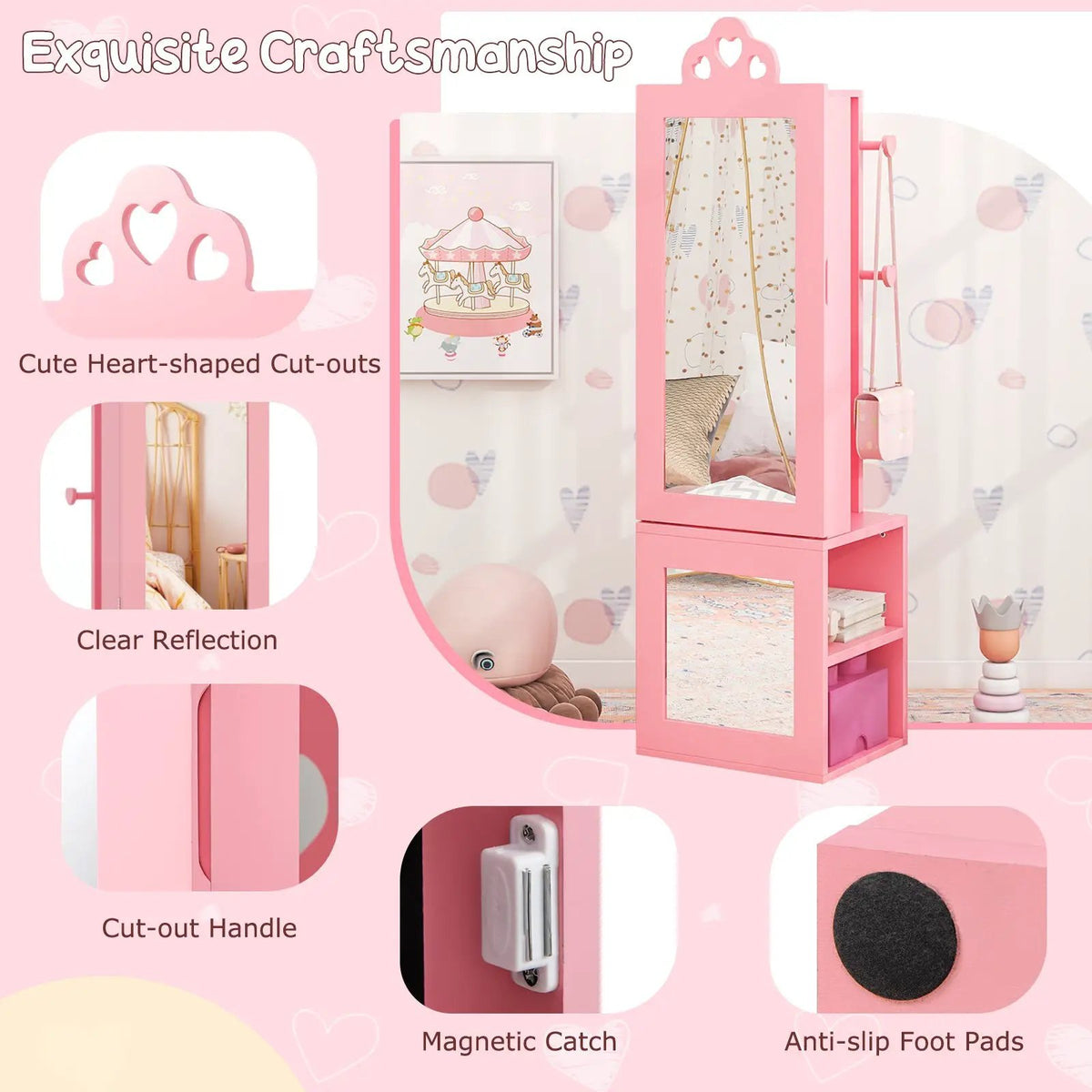 Princess Vanity Table and Stool Set Freestanding Jewelry Cabinet Armoire with Full-Length Mirror, photo 7 of 9