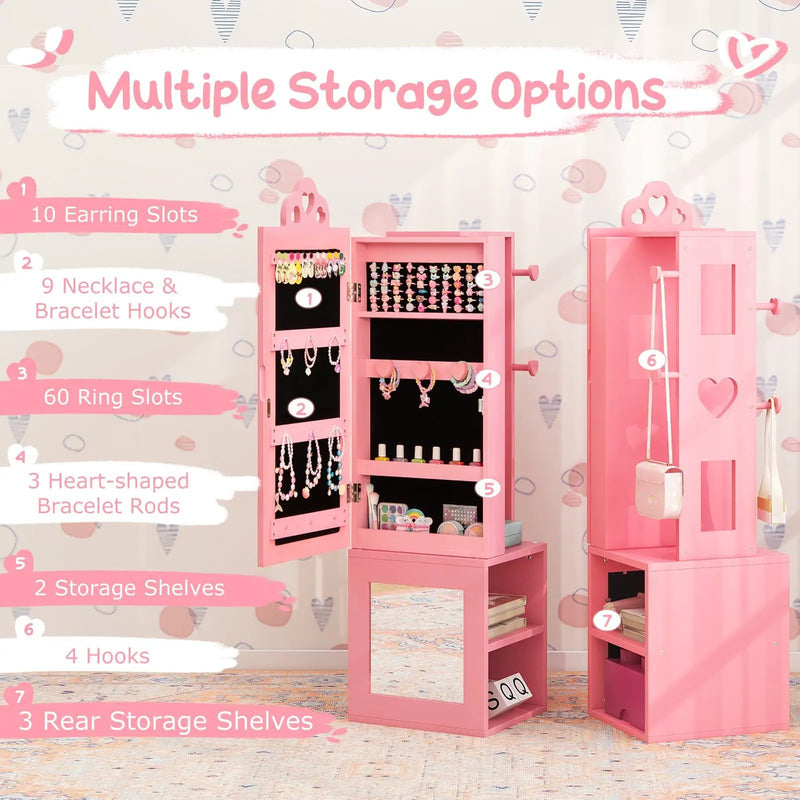 Princess Vanity Table and Stool Set Freestanding Jewelry Cabinet Armoire with Full-Length Mirror by DirectDeals